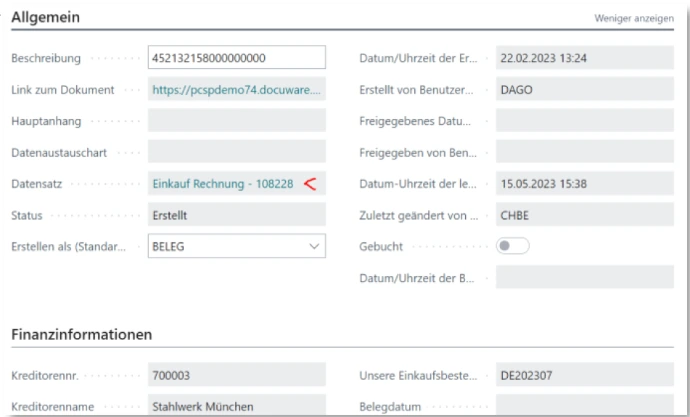 Freigegebene Kreditorenrechnungen aus DocuWare in den «Eingehenden Belegen» von Business Central.