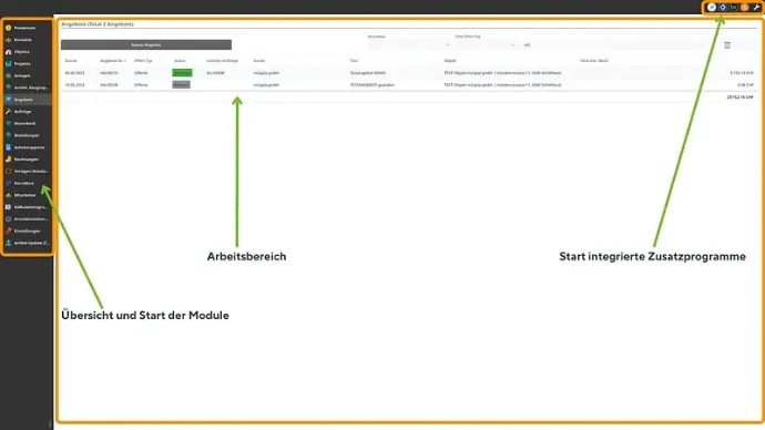 Startseite der Branchenlösung für den Schaltanlagenbau mit Projekten, Aufträgen und Pendenzen